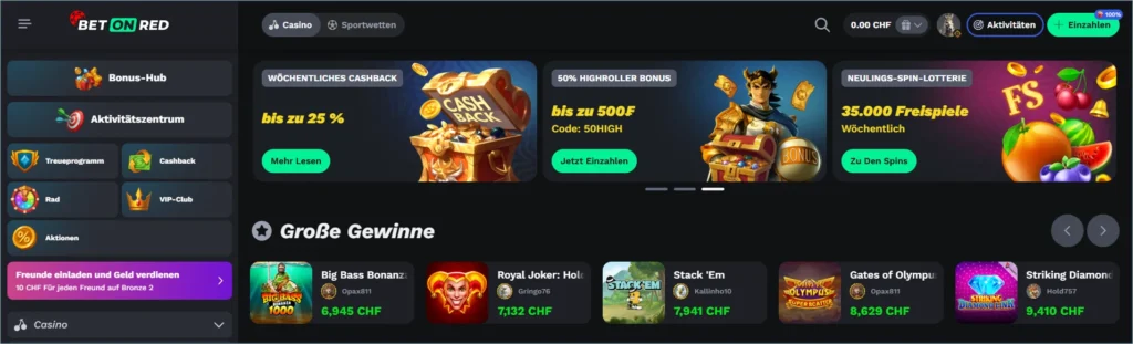 Startseite von Betonred Casino in französischer Sprache